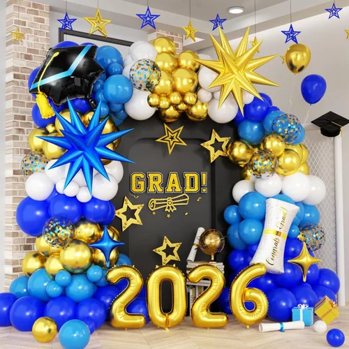 Kit de arco de globos de graduación azul y dorado 2026, decoraciones de graduación 2026, globos dorados del número 2026 con explosión de estrella de