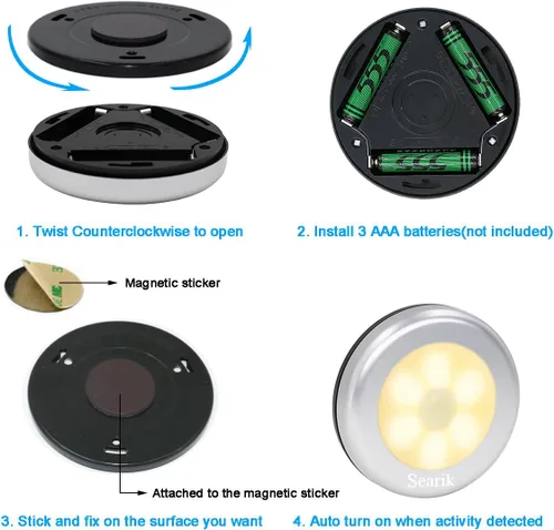 Miniatura 3 de 6 piezas de luz nocturna con sensor de movimiento para interiores, inalámbrica, funciona con pilas, luces de paso inalámbricas para debajo