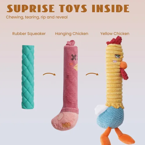 Miniatura 3 de Nocciola Juguetes para perros 3 en 1 Rasga y Revela Pollo, Juguetes Sorpresa en el Interior - Juguetes de Peluche Chirriantes y Arrugados