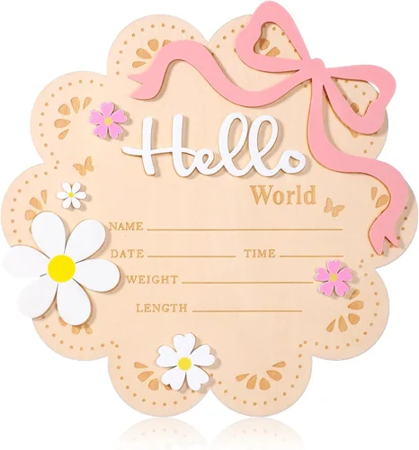 Letrero de anuncio de madera para recién nacido, Butterfly Daisy Hello World Board, letreros de bienvenida para recién nacidos con decoraciones de