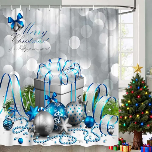 DYNH Cortina de ducha navideña, feliz Navidad, bola y caja de Navidad plateada y azul para cortinas de baño de Año Nuevo, cortina de ducha de tela,