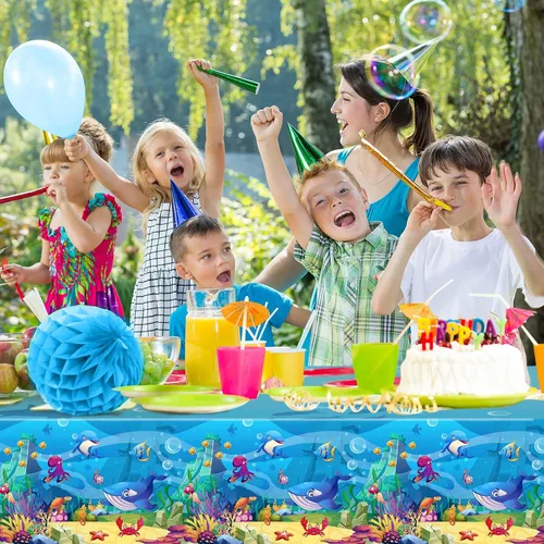 Miniatura 6 de Tiamon Paquete de 3 manteles para fiesta marina, animales del océano, mantel de mesa de criaturas submarinas y vida marina para niños, decoración