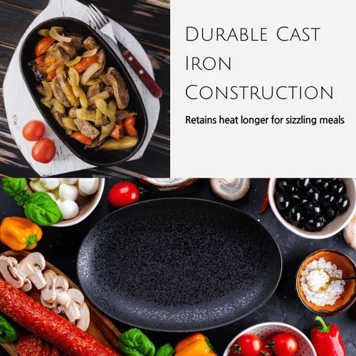 Miniatura 8 de JapanBargain, Juego de 2 platos chisporroteantes de hierro fundido con bases de madera, platos para servir carne y fajita, parrilla pre-sazonada