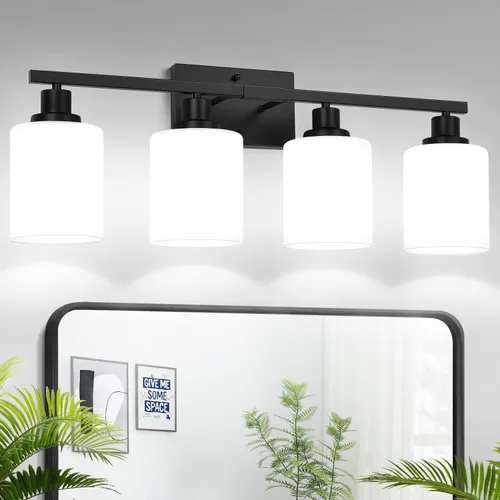 Miniatura 23 de MOKATNG Juego de 2 apliques de pared para baño, luces de tocador modernas negras con pantalla de vidrio blanco, lámpara de pared de baño