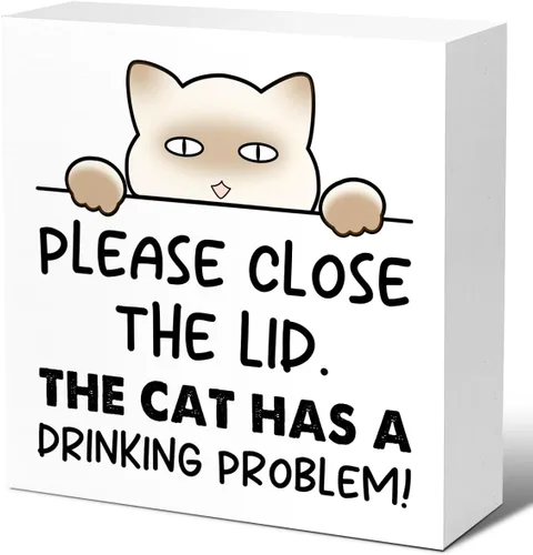 Miniatura 15 de LVQHI Divertidos carteles de madera para baño, decoración de escritorio de baño, decoración de escritorio de baño, cierre la tapa, el gato tiene un