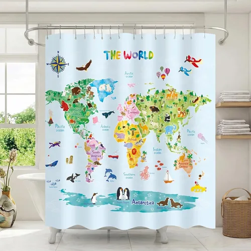 Miniatura 2 de DECOWALL Juego de cortinas de ducha con diseño de mapa del mundo de animales, impermeable, lavable, decorativo, 71 x 71 pulgadas, tela de poliéster