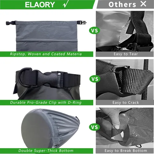 Miniatura 4 de Bolsas secas impermeables, paquete de 3 (5 L, 10 L, 20 litros), bolsas de almacenamiento ligeras e impermeables para viajes, canotaje, pesca, Gris
