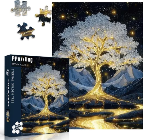 Miniatura 2 de Rompecabezas de árbol de la vida dorado para adultos de 1000 piezas, rompecabezas de paisaje de árbol brillante de fantasía con montañas de cielo