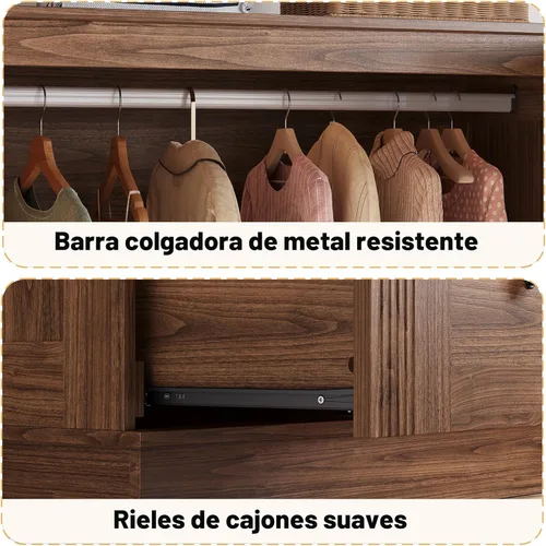 Miniatura 8 de LIKIMIO Armario de granja con puertas, armario de dormitorio de 70 pulgadas con luces LED y barra para colgar, armario grande de madera con 2 Nogal