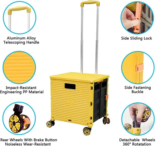 Miniatura 2 de FELICON SELORSS Carro de Utilidad Plegable Carro de Mano Plegable con Mango Telescópico de Plástico Resistente Cesta Plegable de 4 Ruedas Giratorias