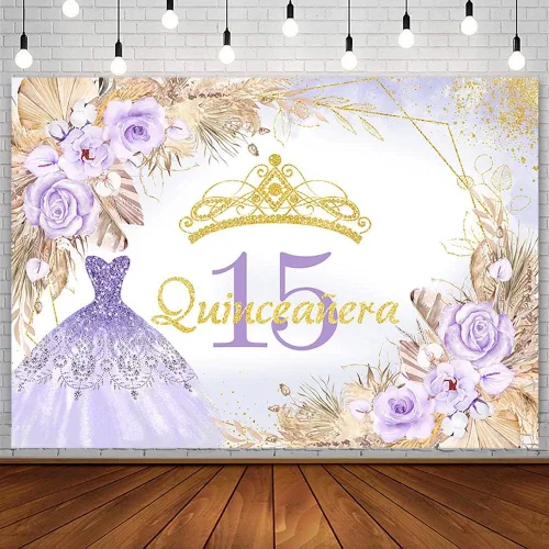 AIBIIN Telón de fondo de quinceañera de 15 cumpleaños de 7 x 5 pies para niña dulce, bohemio, morado con purpurina Mis Quince Anos, fondo de