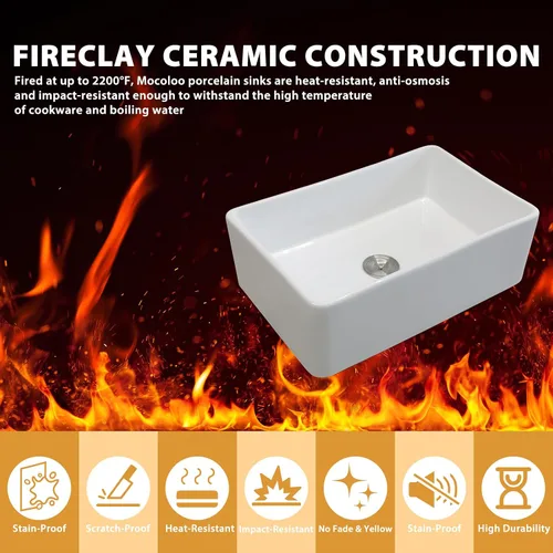 Miniatura 5 de Mocoloo Fregadero de cocina de granja blanco 33 – Fregadero plano de estilo rústico de 33 x 20 x 10 pulgadas, fregadero plano de estilo rústico