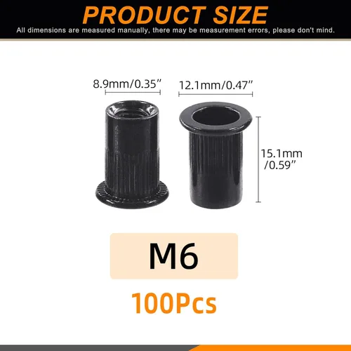 Miniatura 2 de 100 tuercas de remache M6 de acero al carbono negro chapado en zinc tuercas de remache moleteadas cabeza plana remaches roscados tuercas de inserción