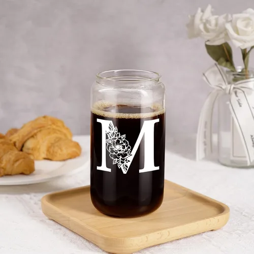Miniatura 7 de Taza de Vidrio Inicial Coolife, Regalos Personalizados para Mujeres, Tazas de Vidrio de 16 oz con Tapas y Popotes, Jarra de Cerveza de Vidrio