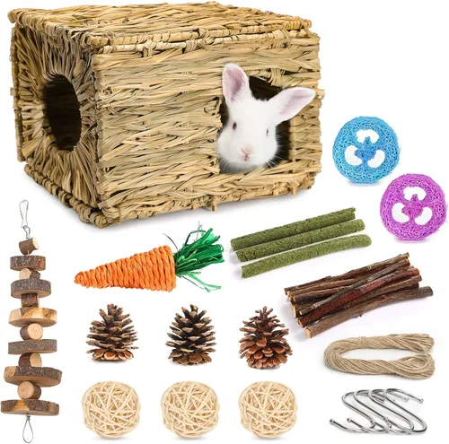 Bunny Grass House - Escondite de césped natural comestible hecho a mano para conejos, conejillos de indias y animales pequeños para jugar, dormir y