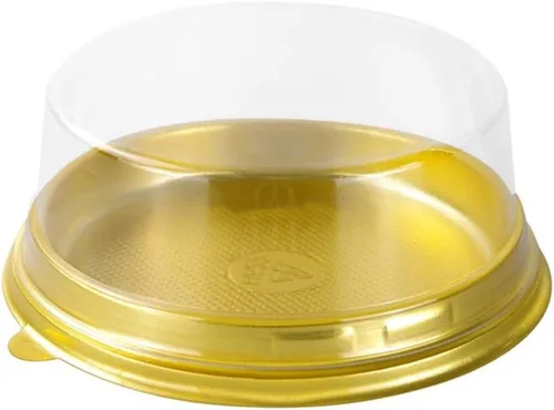 Hewnda Paquete de 50 moldes dorados para tartas, diámetro de 3.75 pulgadas x altura de 1.25 pulgadas, mini caja de plástico transparente para