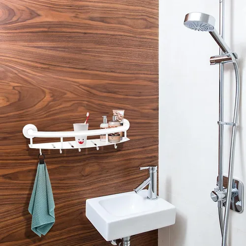 Miniatura 7 de Barra de seguridad blanca de 18 pulgadas con estante de almacenamiento para bañera o ducha, orificios de drenaje, acero inoxidable, barras de agarre