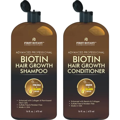 First Botany, Biotin Champú para el crecimiento del cabello, acondicionador anti pérdida de cabello, fórmula engrosante de colágeno y células madre