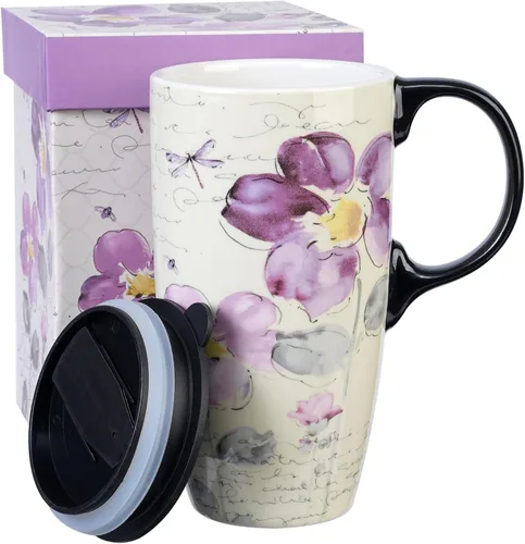 A Ting taza alta de viaje de cerámica de 17 onzas Tapa sellada con caja de regalo, Purple Flower