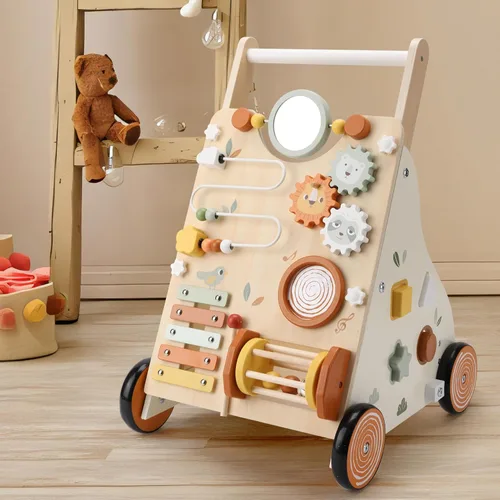 Miniatura 8 de Pithfor Andador de bebé de madera, andador de empuje para bebé con centro de actividades para niñas y niños, juguetes de andador de empuje Naranja