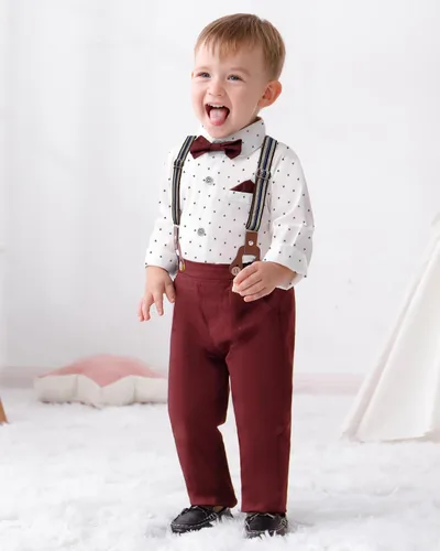 Miniatura 2 de DISAUR Ropa para bebé niño, camisa de vestir con corbatín y pantalones de tirantes, conjuntos de traje de caballero para boda de 1 a 6 años