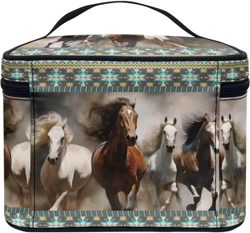 Miniatura 4 de Flashideas Bolsa de maquillaje para cosméticos Almacenamiento vertical Bolsa de maquillaje de viaje de gran capacidad, Caballo Azteca 1