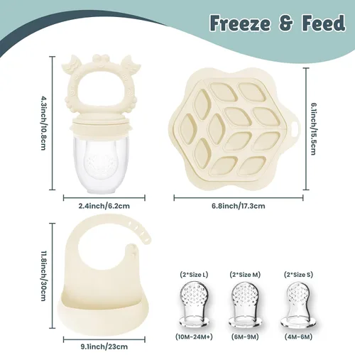 Miniatura 3 de Juego de comedero y mordedor de fruta para bebé, chupete de alimentos 3 en 1, bandeja para paletas de leche materna y babero ajustable, 3 tamaños