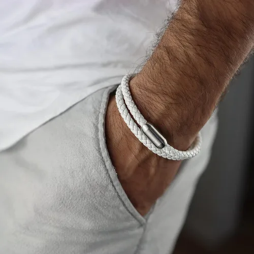 Miniatura 3 de Pulsera de cuero trenzada con cierre magnético de acero inoxidable para hombre, pulsera de cuero auténtico con cierre magnético