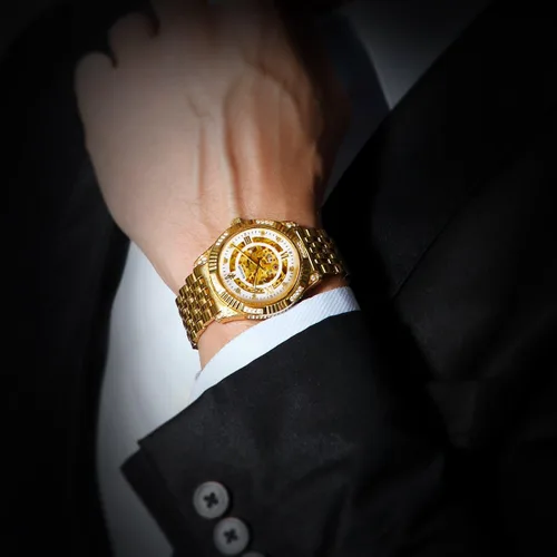 Miniatura 6 de BINLUN Reloj de pulsera para hombre, mecánico automático, reloj dorado con cuerda automática, elegante, chapado en oro de 18 quilates, relojes