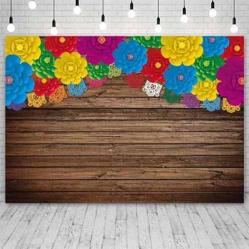 Miniatura 2 de AIBIIN Telón de fondo de fotos de fiesta mexicana de 8 x 6 pies, banderas rústicas de madera con flores coloridas, fondo de fotografía, cumpleaños