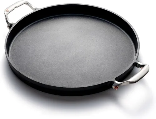 Outset Paella para parrilla y bandeja para pizza profunda, sartén de hierro fundido con asas, 18.15 x 14.11 x 1.25 pulgadas