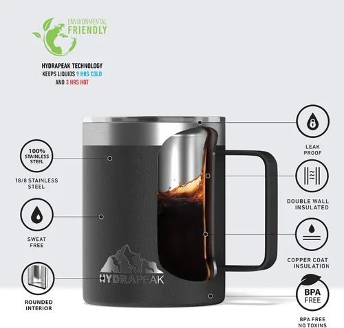 Miniatura 3 de Hydrapeak - Taza de viaje con doble aislamiento al vacío, de acero inoxidable, con asa integrada y tapa a presión (354.88 ml), Taza de café, Negro