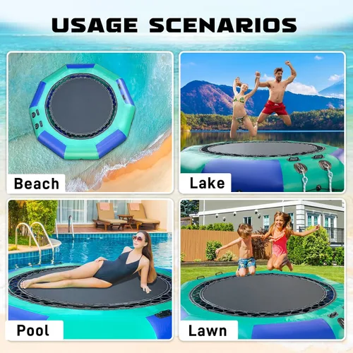 Miniatura 7 de Trampolín inflable de agua para lago, trampolín flotante de agua de 10 pies/12 pies para adultos, plataforma de natación portátil con bomba