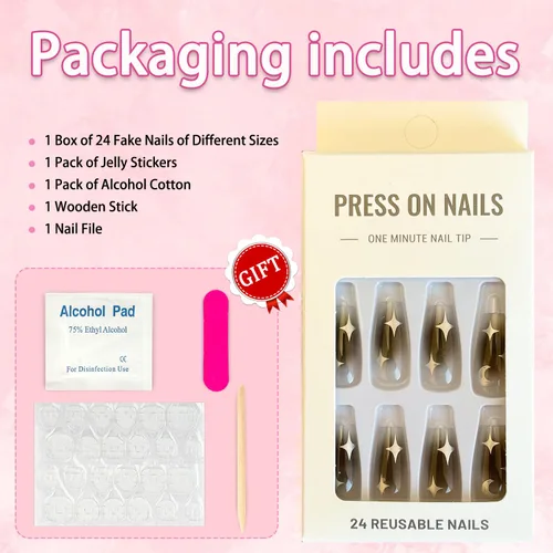 Miniatura 5 de 24 uñas postizas medianas a presión, uñas postizas brillantes con diseños de estrellas y luna, uñas acrílicas negras de cobertura completa pegamento