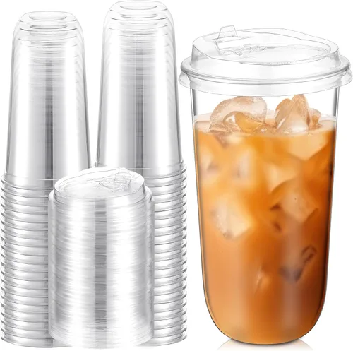 Miniatura 11 de Baderke Juego de 50 vasos de plástico negros con tapas, tazas de café helado con tapas, vasos de plástico desechables para bebidas frías, tapa
