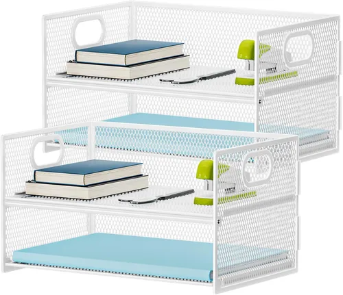 Miniatura 8 de Marbrasse Bandeja organizadora de papel de 2 niveles, organizador de archivos de malla con asa, organizador de escritorio clasificador de papel