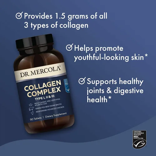 Miniatura 4 de Dr. Mercola Complejo de colágeno - Apoya la piel y el tejido conectivo - Colágeno tipo I, II y III - Sin OMG, sin gluten y sin soja - 90 tabletas
