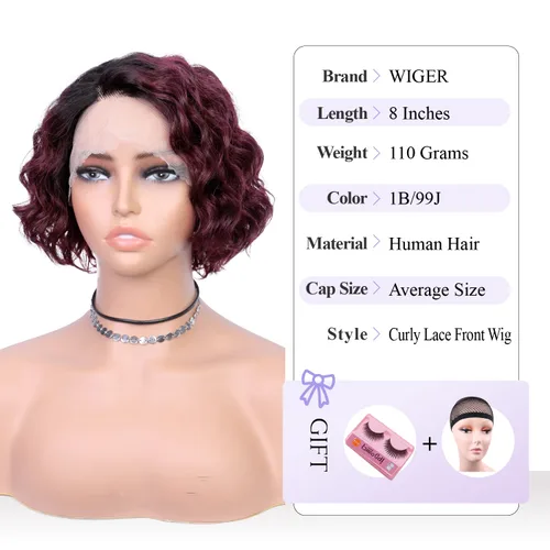 Miniatura 3 de WIGER Pelucas de cabello humano corto rizado, estilo Bob, peluca de cabello castaño corto rizado con encaje frontal para mujeres negras, 8 pulgadas