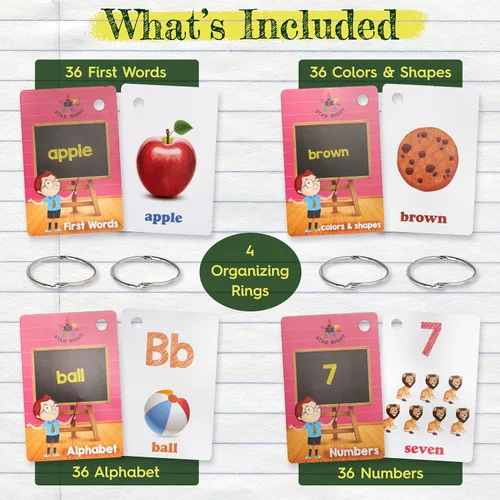 Miniatura 3 de Star Right Juego de 4 tarjetas flash – Números, alfabetos, primeras palabras, colores y formas – Paquete económico de tarjetas flash con anillos