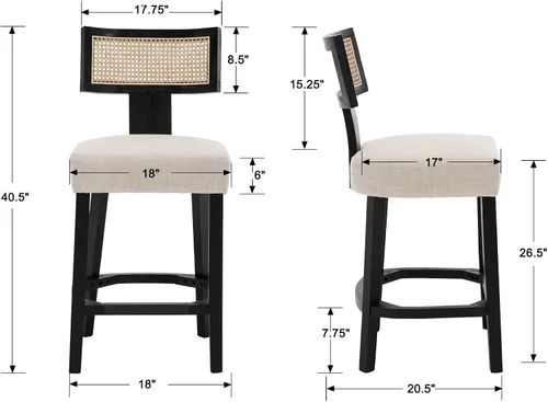 Miniatura 2 de RIVOVA Taburete de bar de ratán de 26 pies, taburetes de cocina modernos con respaldo tejido de ratán natural, sillas tapizadas de lino de granja