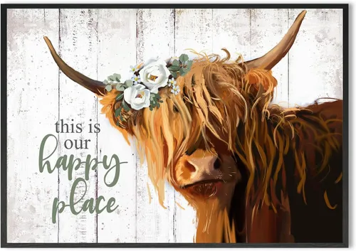 Miniatura 8 de Arte de pared de vaca de las montañas – This Is Our Happy Place - Póster de lienzo inspirador para el hogar, vaca escocesa de pelo largo con imagen