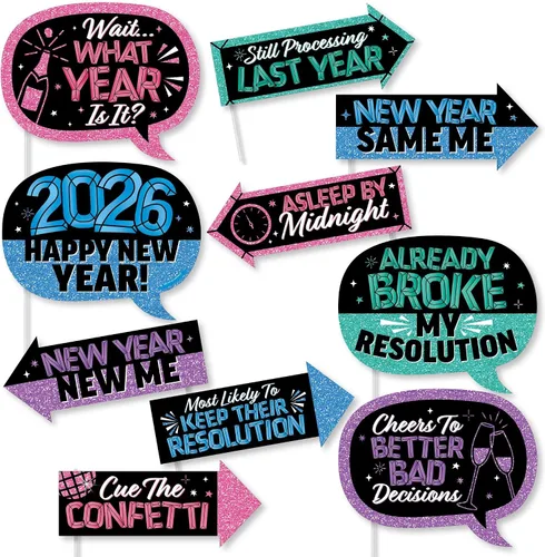 Big Dot of Happiness Divertidos accesorios coloridos para fotos de Año Nuevo, decoración de fiesta de Nochevieja 2026, kit de accesorios para cabina