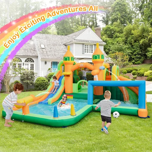 Miniatura 6 de BOUNTECH Tobogán acuático inflable, tobogán acuático 9 en 1 para niños, castillo de salto con fútbol acuático, piscina grande para salpicaduras