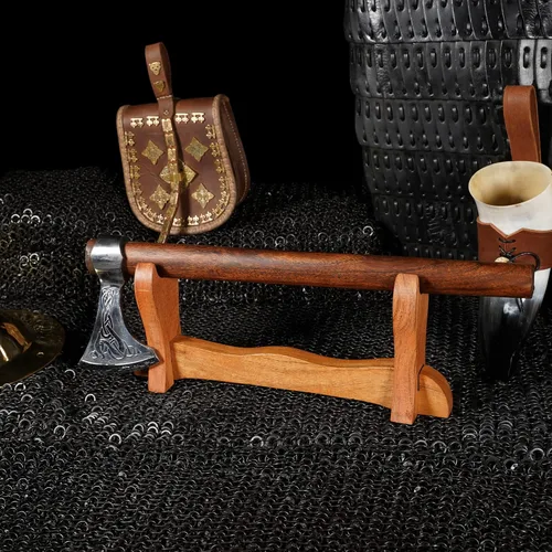 Miniatura 6 de Mythrojan Soporte de espada medieval de madera maciza horizontal para katana, samurái, gladiador, espadas cruzadas, soporte de mesa elegante, 1 nivel
