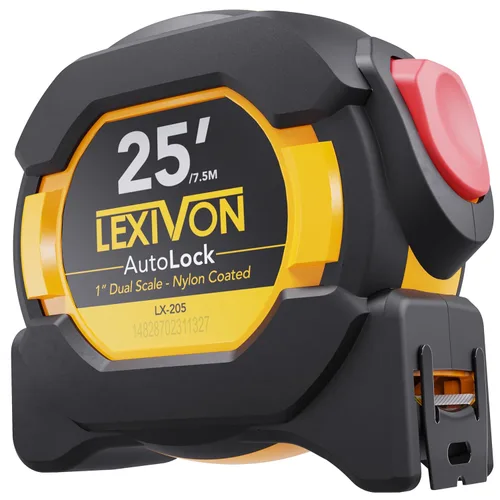 LEXIVON Cinta métrica AutoLock de 25 pies/7.5m | Hoja de 1 pulgada de ancho con revestimiento de nailon, acabado mate, impresión de regla de doble
