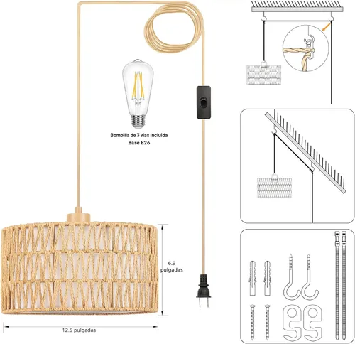 Miniatura 7 de Lámpara Colgante Enchufable de Ratán, Luces Colgantes Boho con Sombra Tejida de Papel y Tela 2 en 1, Bombilla Regulable de 3 Vías Incluida, Lámpara