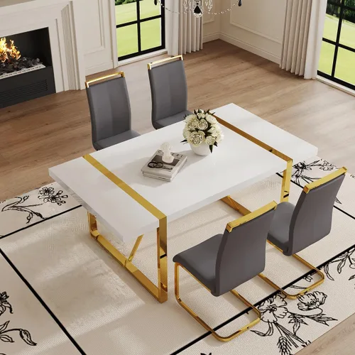 Miniatura 34 de Moderno juego de mesa de comedor para 4, juego de mesa de comedor dorado de 55 pulgadas con 4 sillas de piel sintética negra, mesa de madera negra