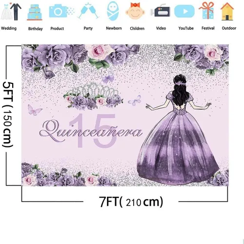 Miniatura 4 de AIBIIN Telón de fondo de quinceañera de 7 x 5 pies, corona dorada, vestido floral morado, corona de princesa, fondo de fotografía, fiesta