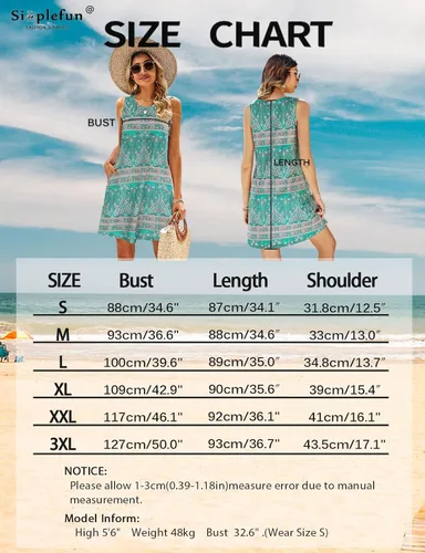 Miniatura 33 de SimpleFun - Vestidos de verano para mujer, camiseta floral, vestido de playa de estilo bohemio, informal, con bolsillos y sin mangas
