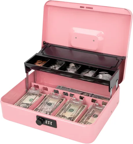 Miniatura 22 de Jssmst Caja grande de metal con cerradura con bandeja de dinero, caja de dinero con cerradura de combinación, color negro Cerradura de combinación
